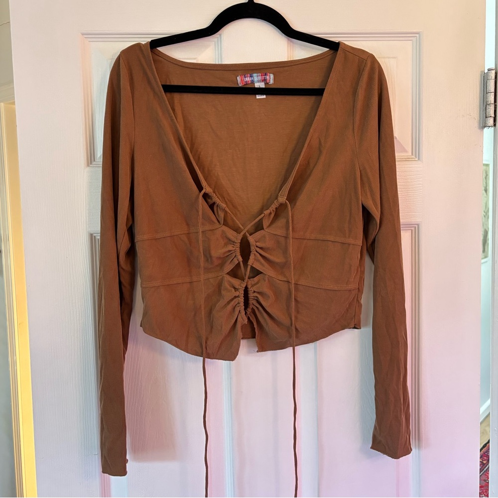Urban Outfitters Brown Long Sleeved Ribbed Keyhole Tie Top, Size Large